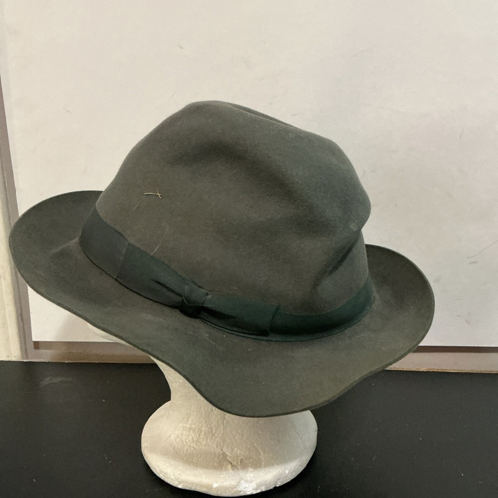 Vintage Cortina Hat for Worth & Worth Grey Felt Fedora Size 8 Green Ribbon